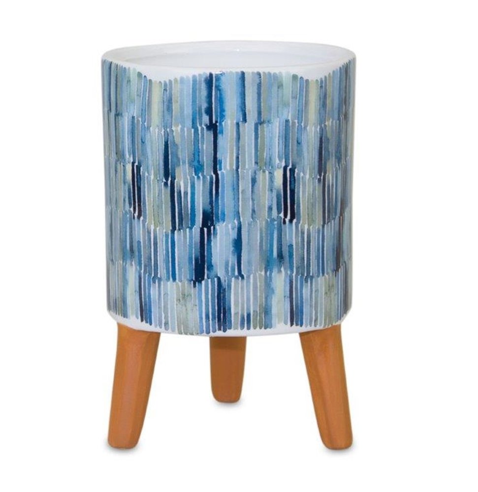 Set of Two Blue Terra Cotta And White Ceramic 2 Ounce Round Raised Pot Planters