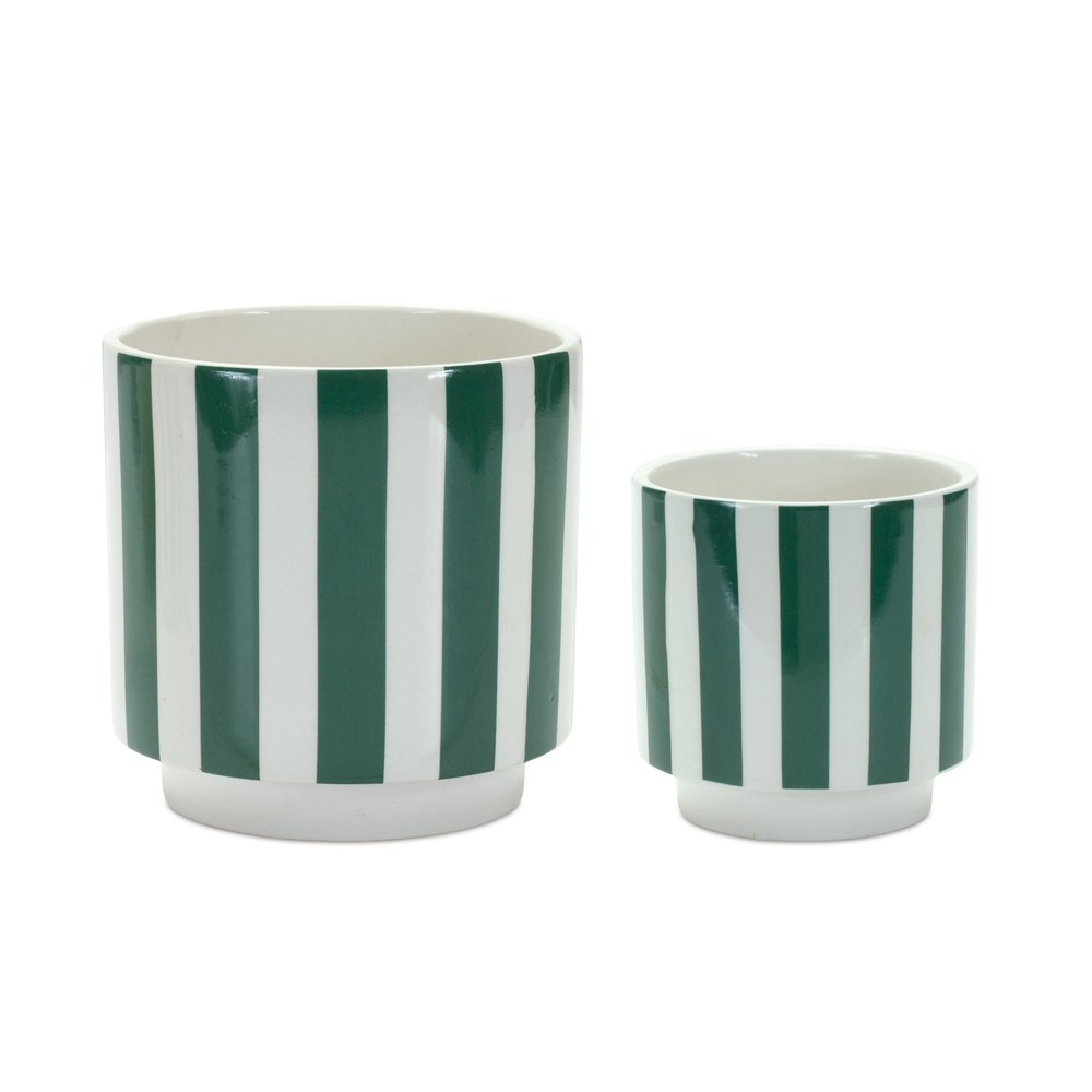 Set of Two Green And White Dolomite Striped 4 Ounce Round Pot Planters