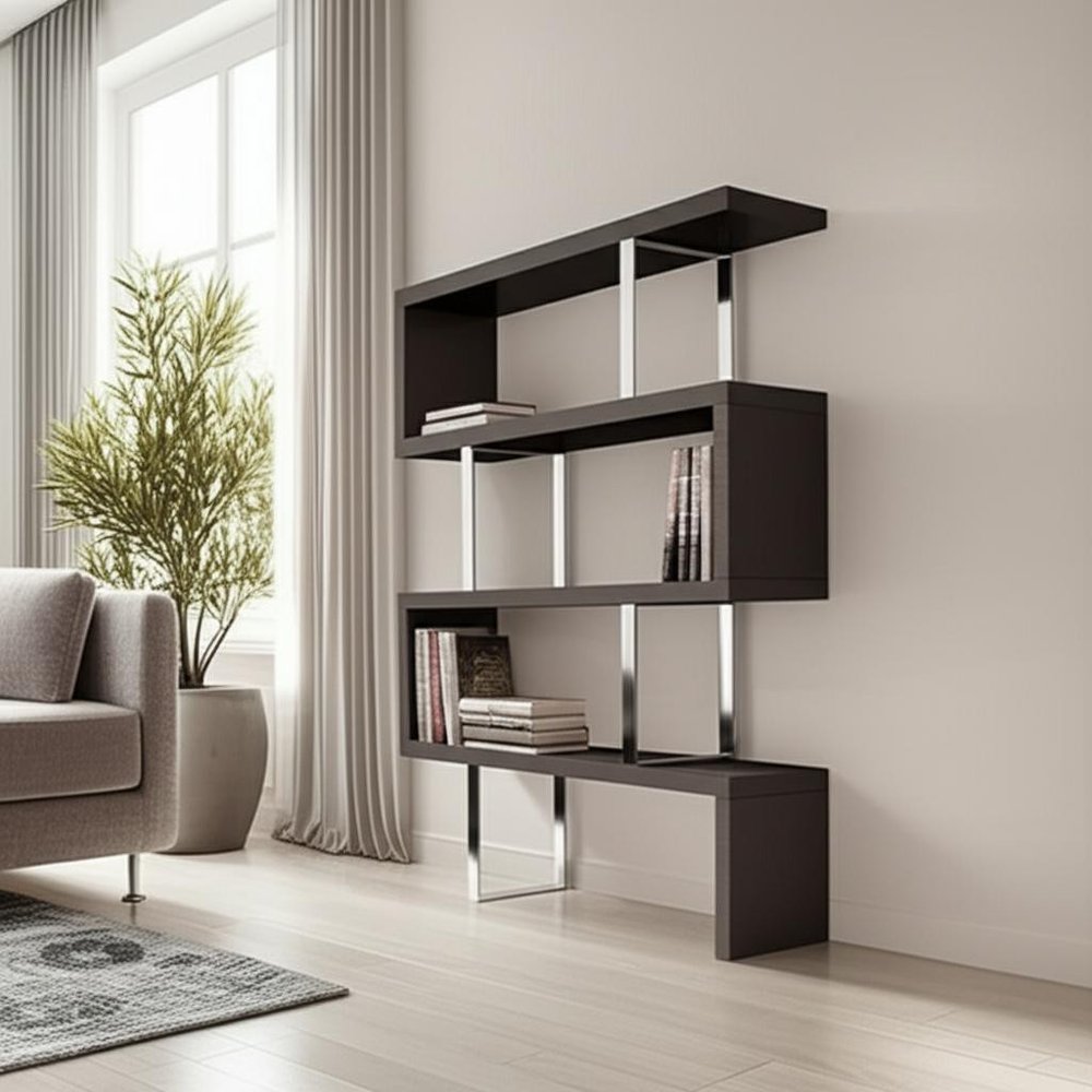 67" Espresso And Silver Metal and Wood Three Tier Etagere Bookcase