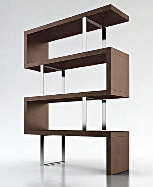 67" Brown And Silver Metal and Wood Three Tier Etagere Bookcase
