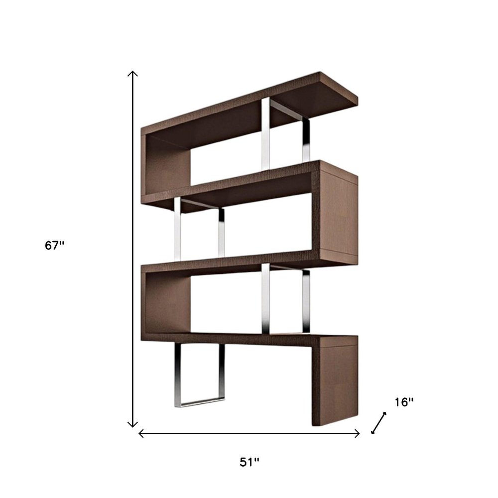 67" Brown And Silver Metal and Wood Three Tier Etagere Bookcase