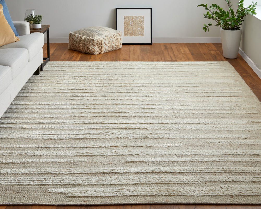 4' X 6' White and Tan Wool Striped Hand Woven Area Rug