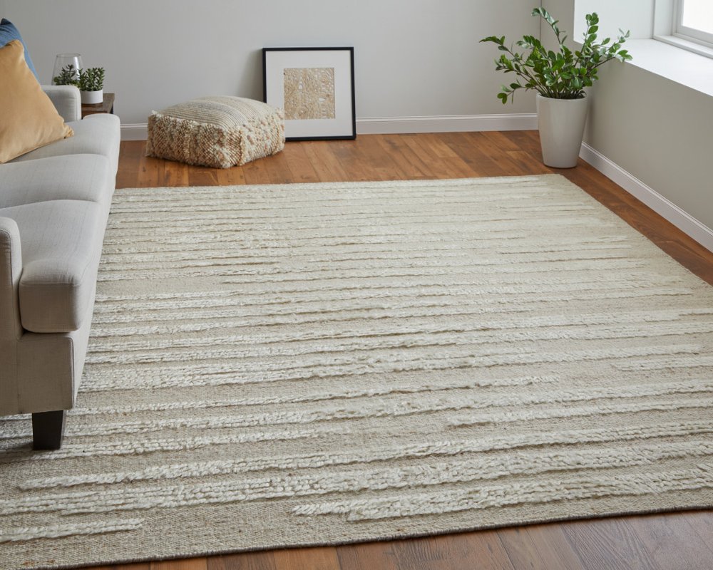 4' X 6' White and Tan Wool Striped Hand Woven Area Rug