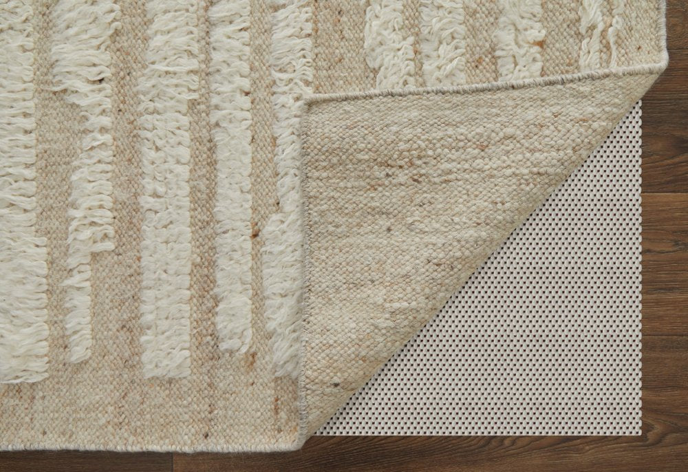 4' X 6' White and Tan Wool Striped Hand Woven Area Rug