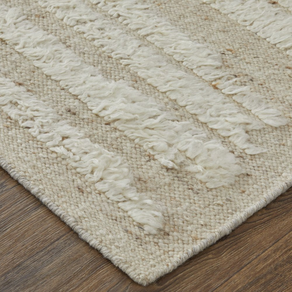 4' X 6' White and Tan Wool Striped Hand Woven Area Rug
