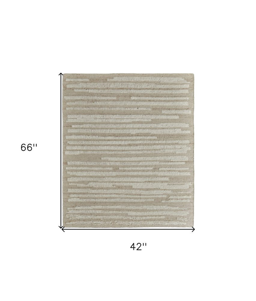 4' X 6' White and Tan Wool Striped Hand Woven Area Rug