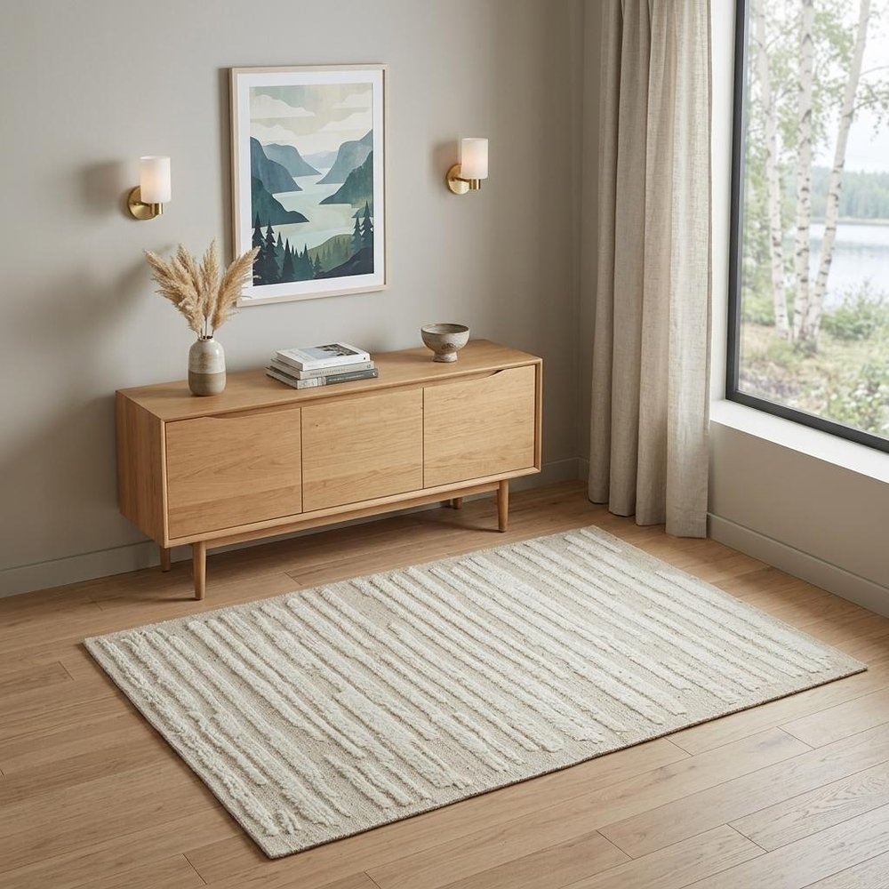 4' X 6' White and Tan Wool Striped Hand Woven Area Rug