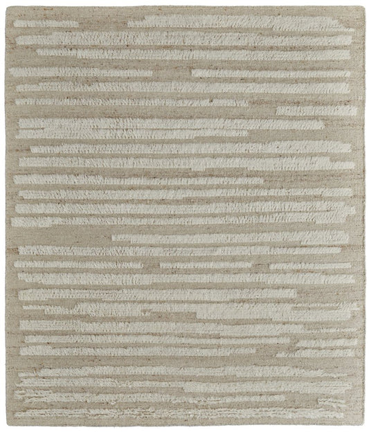 4' X 6' White and Tan Wool Striped Hand Woven Area Rug