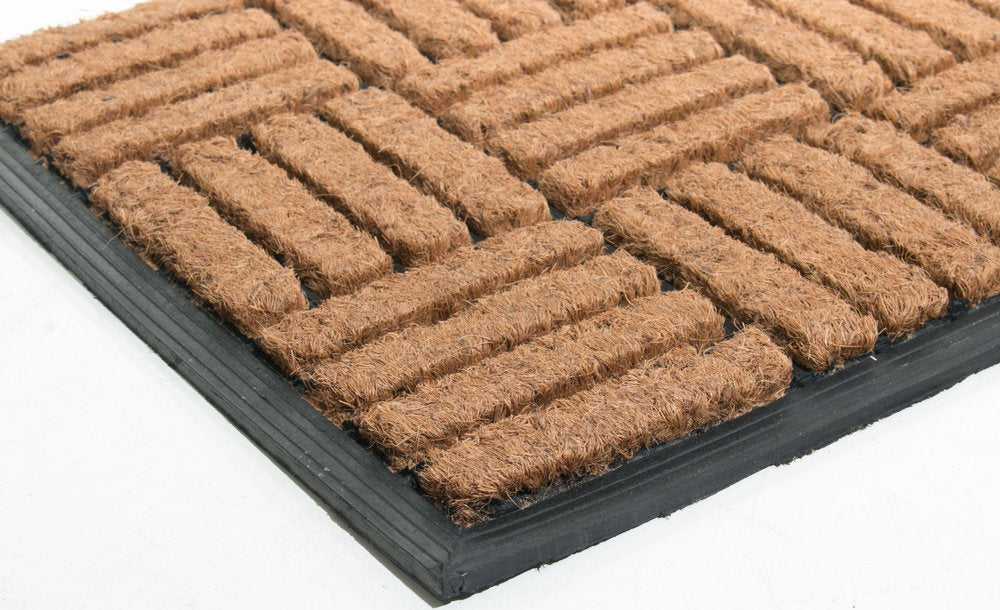 18" X 30" Beige and Black Rubber and Coir Outdoor Door Mat