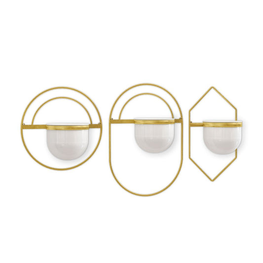 Set of Three Gold And White Metal 10 Ounce Wall Planters