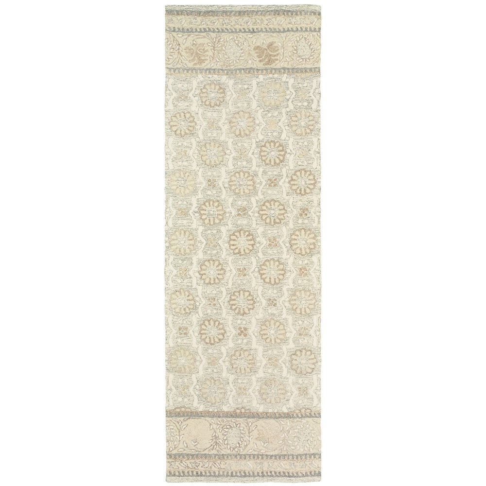 8' Sand Wool Floral Hand Tufted Runner Rug