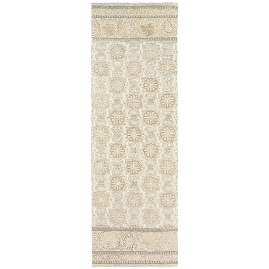 8' Sand Wool Floral Hand Tufted Runner Rug
