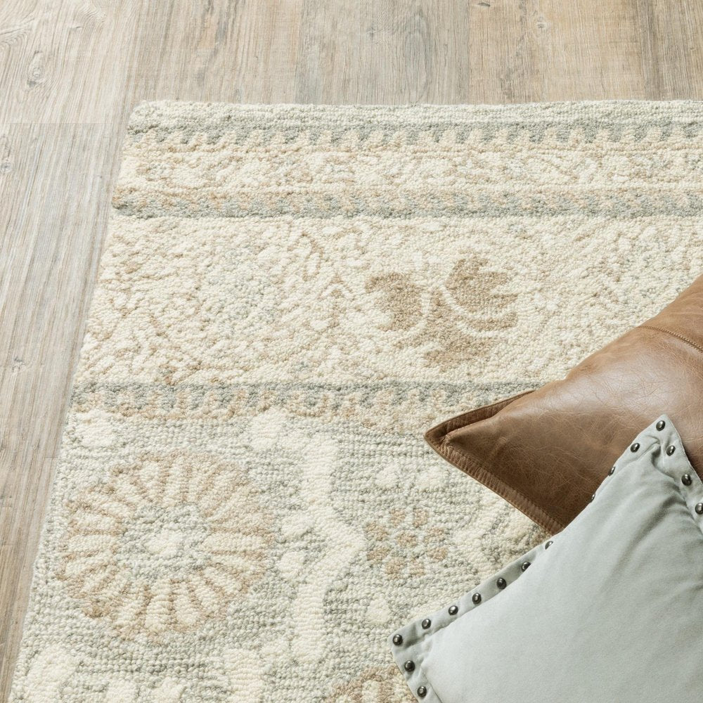 8' Sand Wool Floral Hand Tufted Runner Rug
