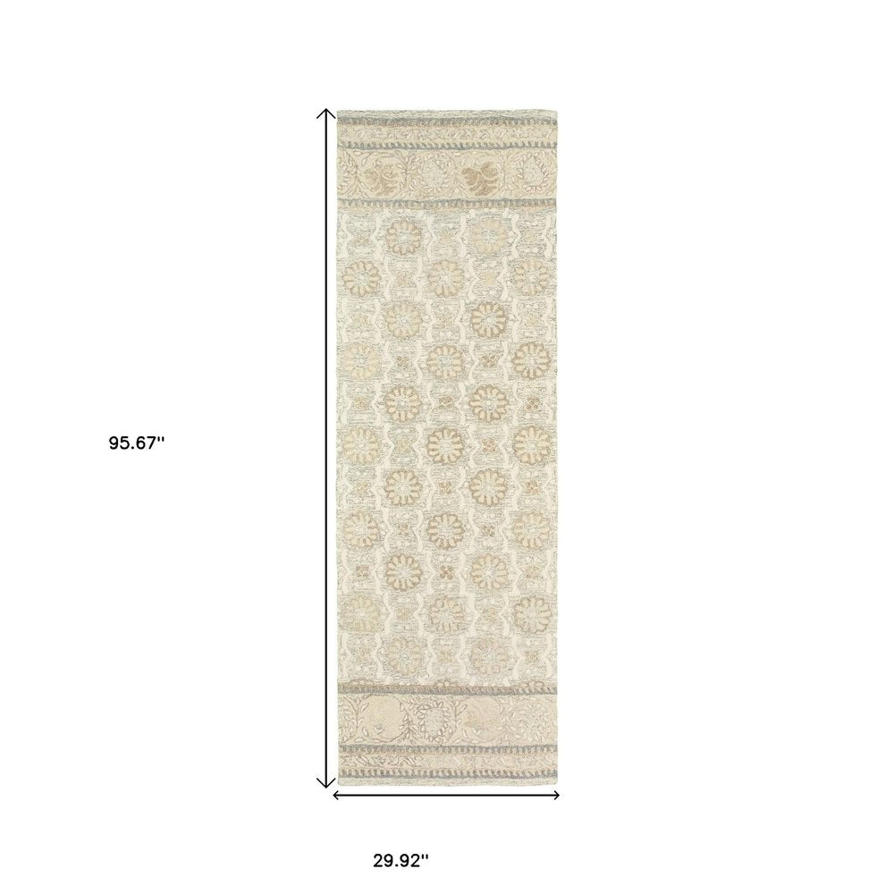 8' Sand Wool Floral Hand Tufted Runner Rug