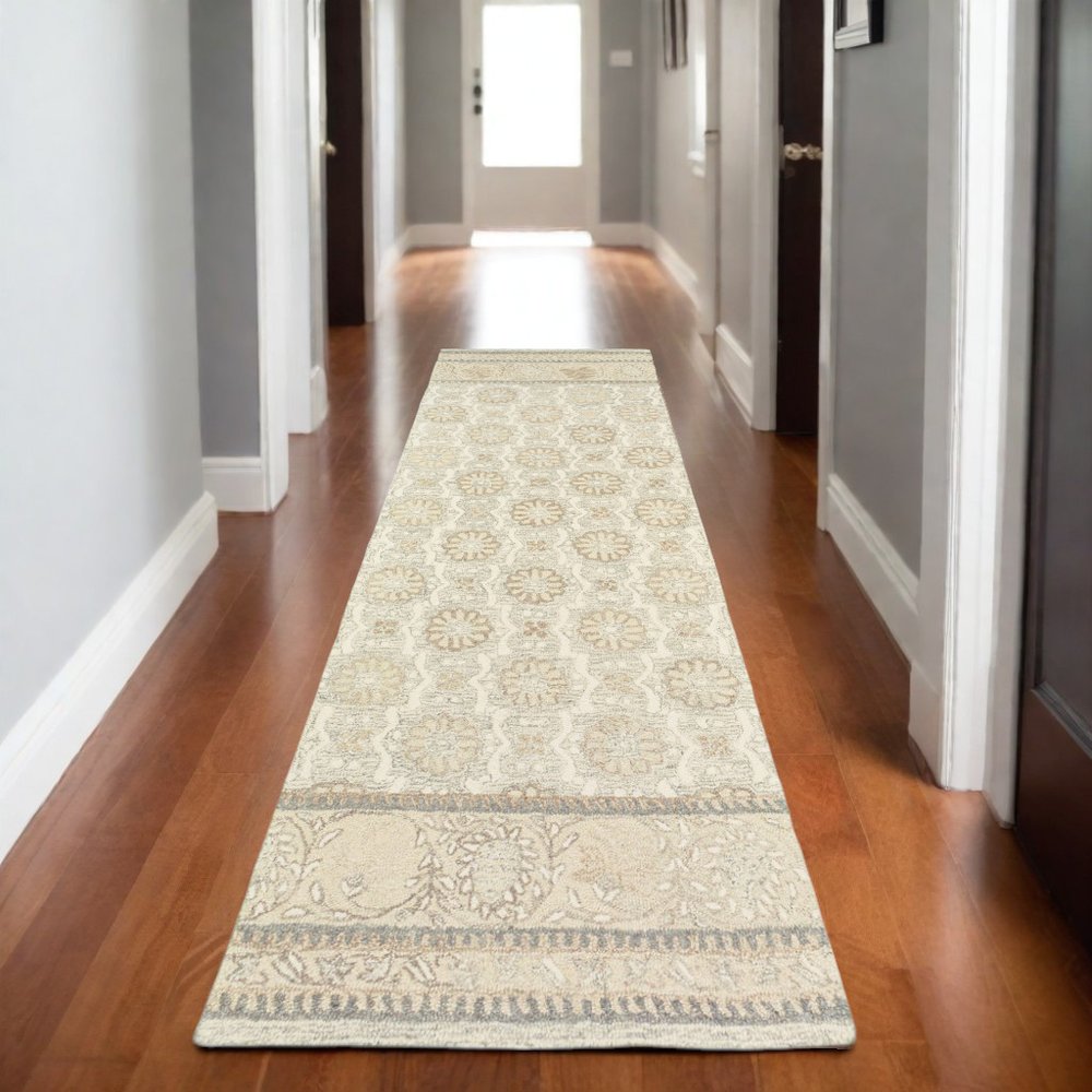8' Sand Wool Floral Hand Tufted Runner Rug