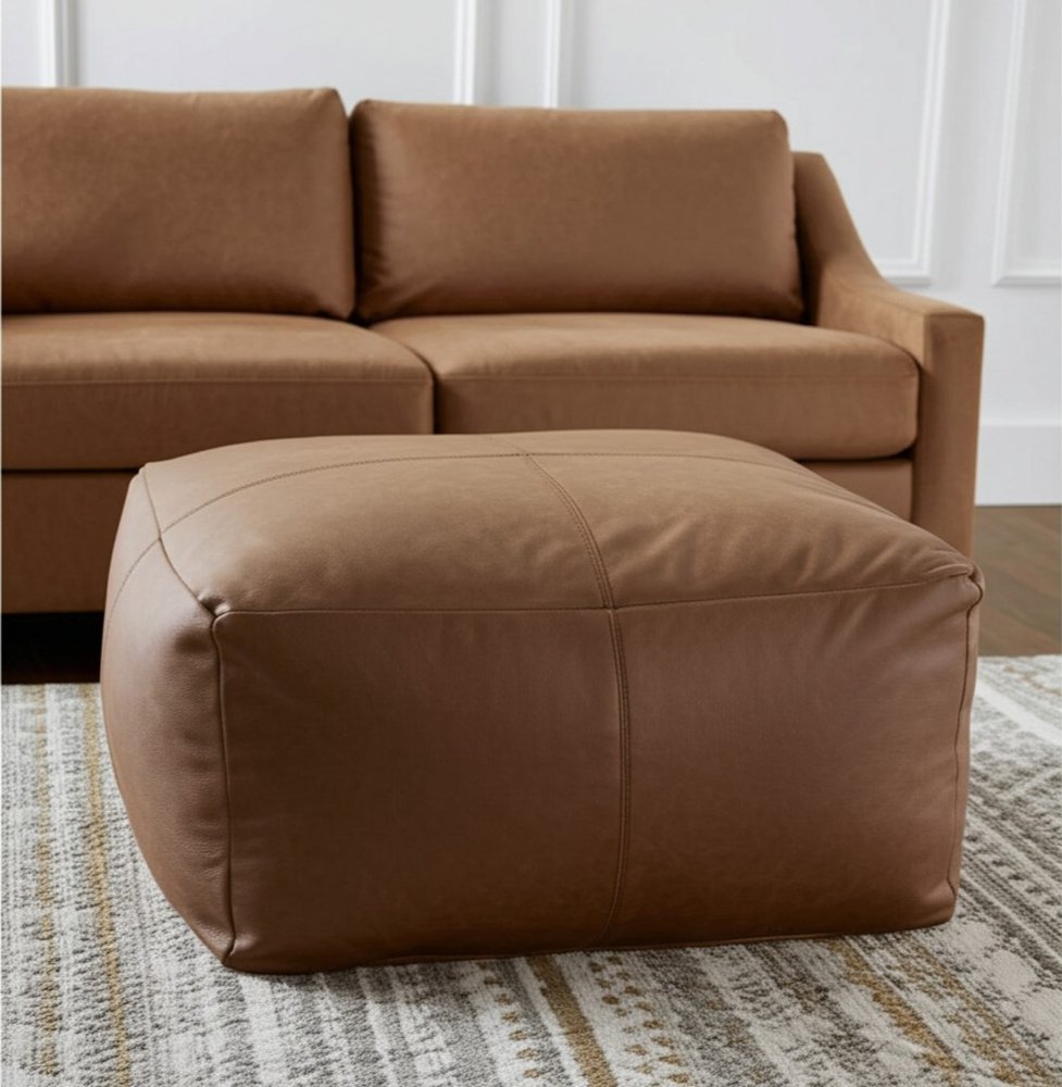 22" Brown Genuine Leather Pouf Ottoman