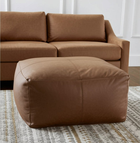 22" Brown Genuine Leather Pouf Ottoman