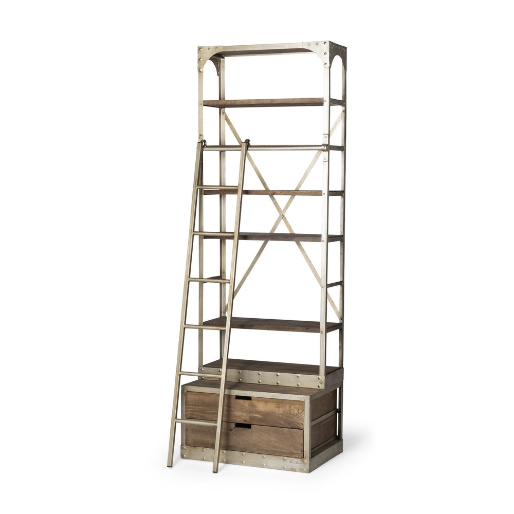 32" Light Brown And Nickel Metal and Solid Wood Six Tier Library Bookcase with Two Drawers