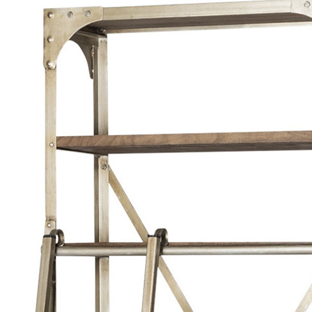 32" Light Brown And Nickel Metal and Solid Wood Six Tier Library Bookcase with Two Drawers
