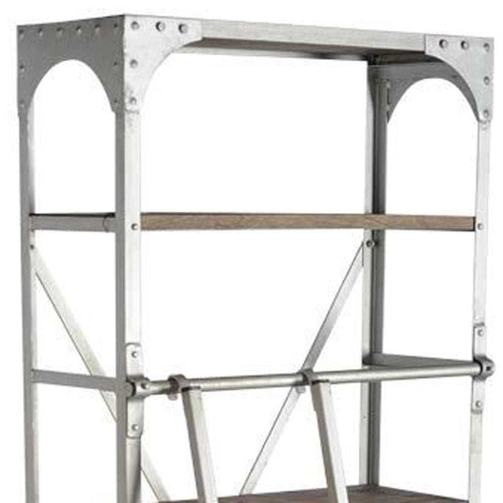 32" Light Brown And Nickel Metal and Solid Wood Five Tier Library Bookcase with Two Drawers