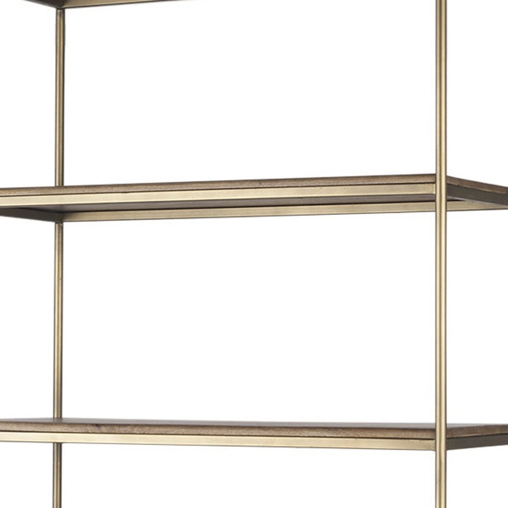 42" Antiqued Brass And Brown Distressed Metal and Solid Wood Four Tier Bookcase with Two Doors