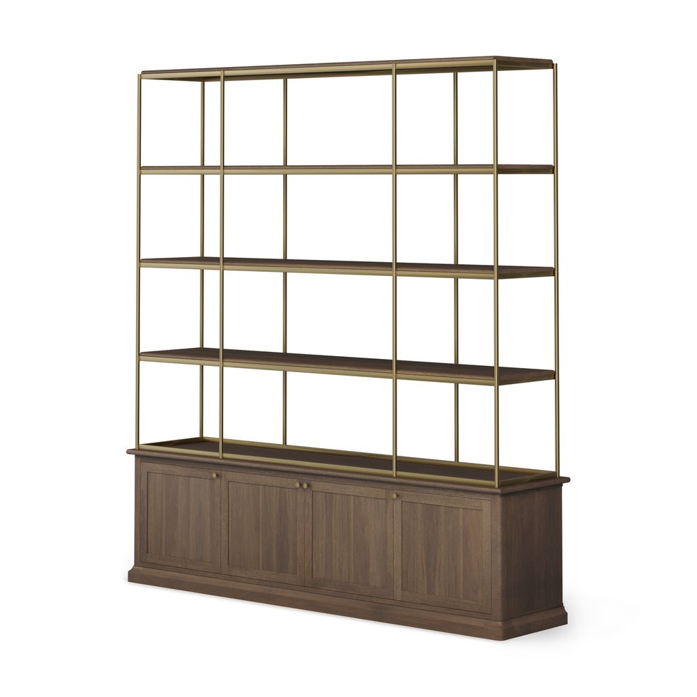 82" Antiqued Brass And Brown Distressed Metal and Solid Wood Four Tier Bookcase with Four Doors