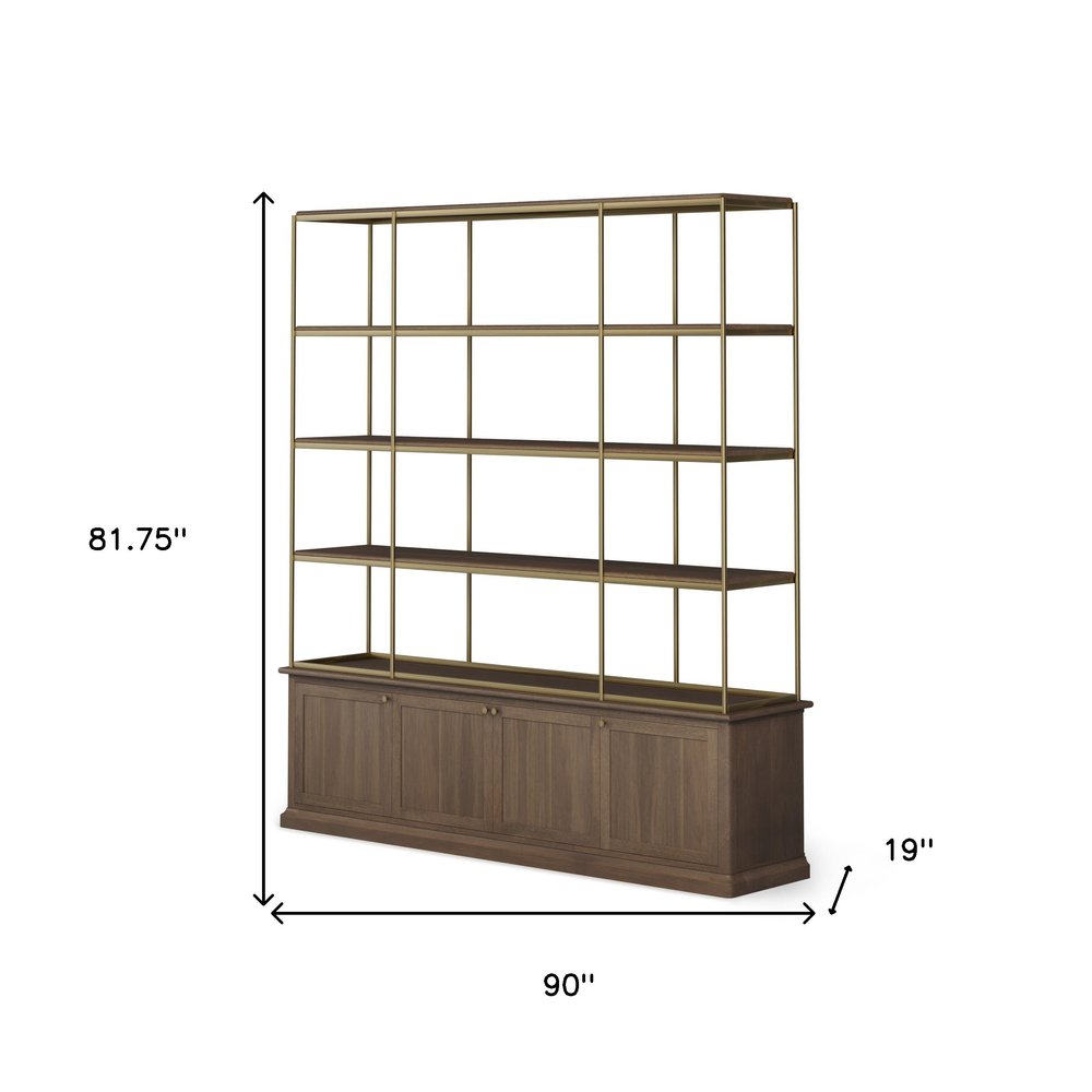 82" Antiqued Brass And Brown Distressed Metal and Solid Wood Four Tier Bookcase with Four Doors