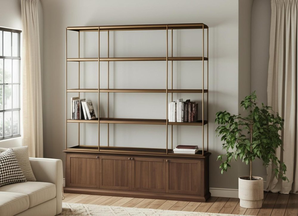 82" Antiqued Brass And Brown Distressed Metal and Solid Wood Four Tier Bookcase with Four Doors