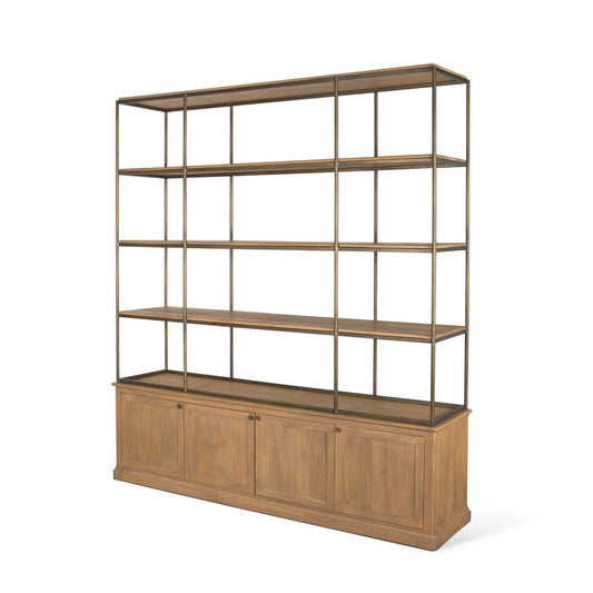 82" Antiqued Brass And Light Brown Distressed Metal and Solid Wood Three Tier Bookcase with Four Doors