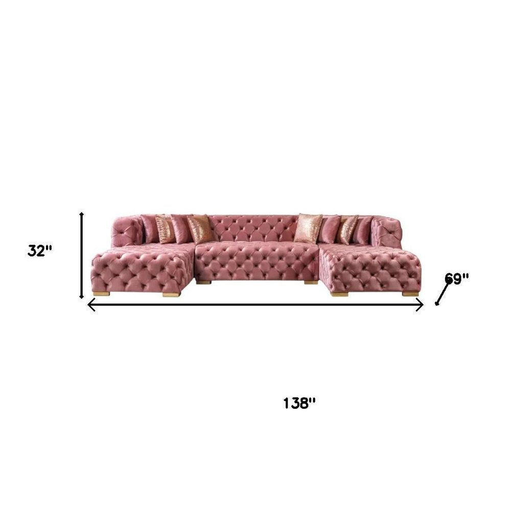 Tufted Pink Velvet Modular U Shaped Sofa and Chaise Sectional With Toss Pillows