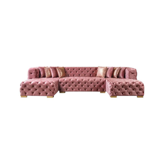 Tufted Pink Velvet Modular U Shaped Sofa and Chaise Sectional With Toss Pillows