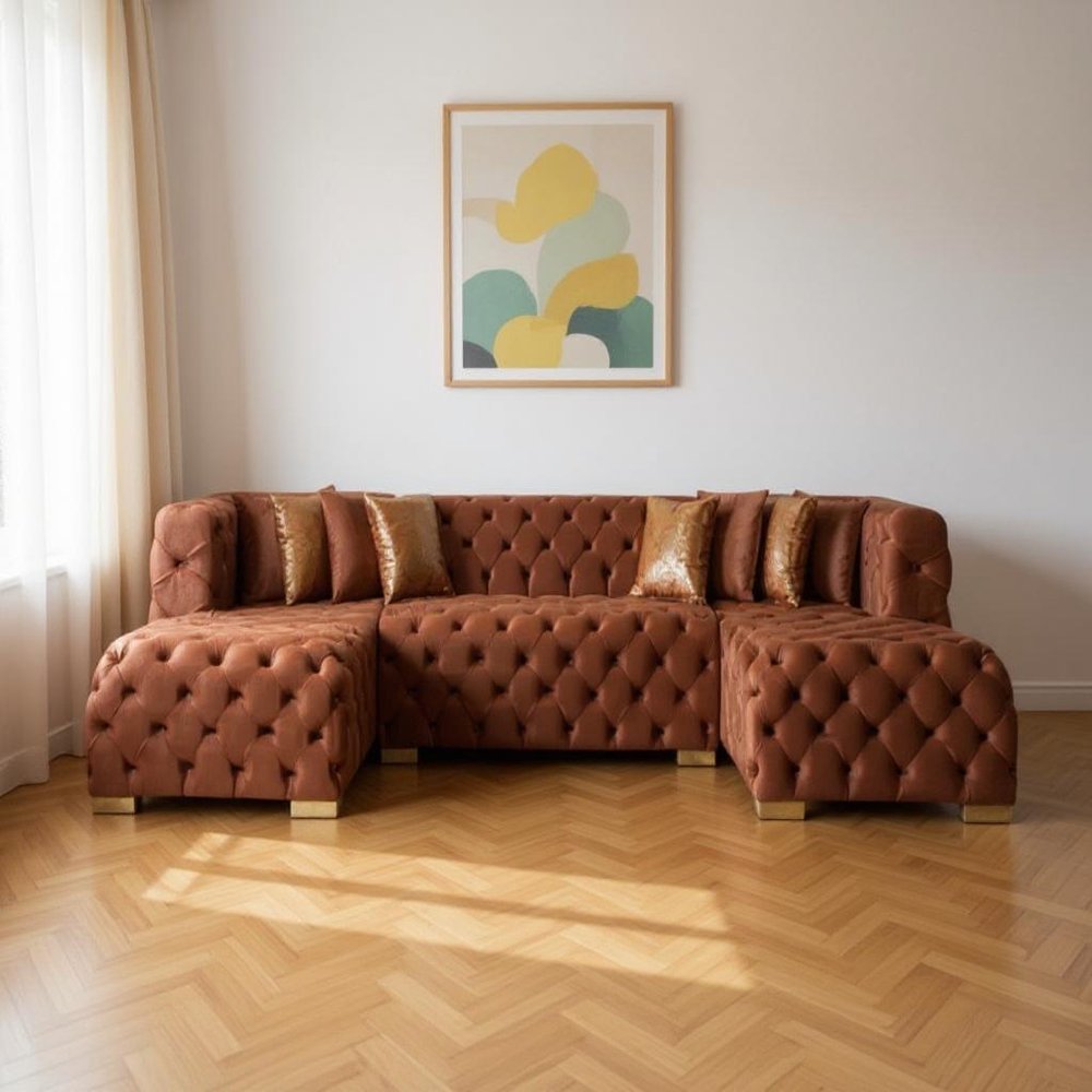 Tufted Orange Velvet Modular U Shaped Sofa and Chaise Sectional With Toss Pillows