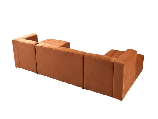 Orange Velvet U Shaped Three Piece Sofa and Chaise Sectional With Toss Pillows