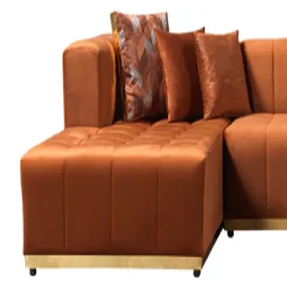 Orange Velvet U Shaped Three Piece Sofa and Chaise Sectional With Toss Pillows